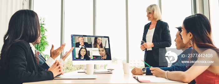 Video call group business people meeting on virtual workplace or remote office. Telework conference call using smart video technology to communicate colleague in professional corporate business.