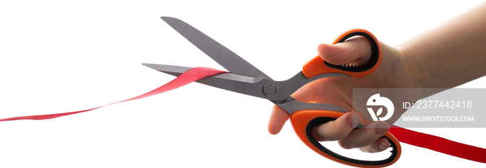 Cutting a red ribbon with scissors on a white background. Opening procedure, inauguration, new project.