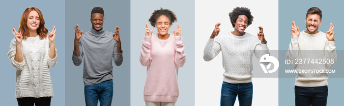 Collage of group of african american and hispanic people wearing winter sweater over vintage background smiling crossing fingers with hope and eyes closed. Luck and superstitious concept.