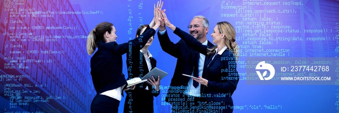 Composite image of happy business people giving high five