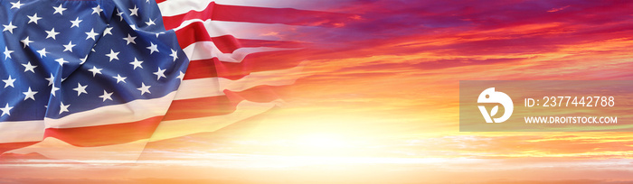 American flag in sunny sky. Wide web header banner