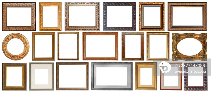 set of isolated antique frames gold gilding Silver on a white background