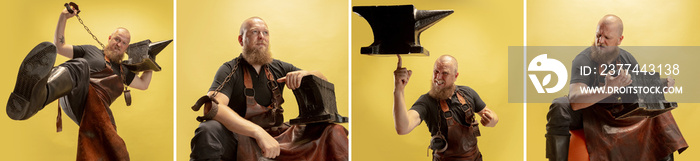 Collage of comic portraits of muscular bearded bald man, blacksmith in leather apron isolated on yellow background.
