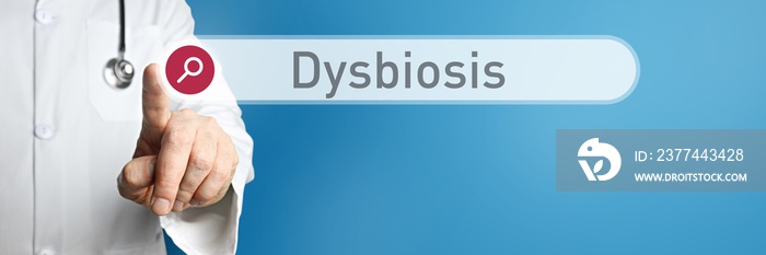 Dysbiosis. Doctor in smock points with his finger to a search box. The word Dysbiosis is in focus. Symbol for illness, health, medicine