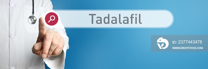 Tadalafil. Doctor in smock points with his finger to a search box. The term Tadalafil is in focus. Symbol for illness, health, medicine