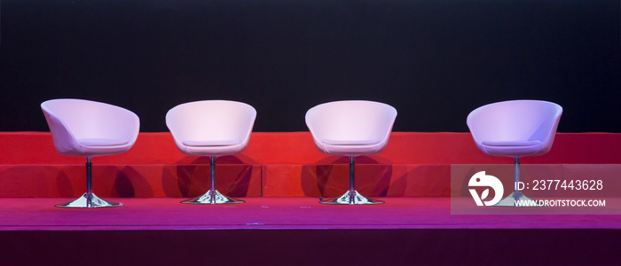 chairs on stage in conference hall  at business event or seminar meeting, business and education concept