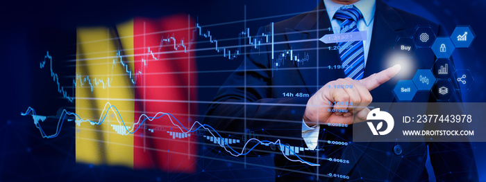 Businessman touching data analytics process system with KPI financial charts, dashboard of stock and marketing on virtual interface. With Belgium flag in background.