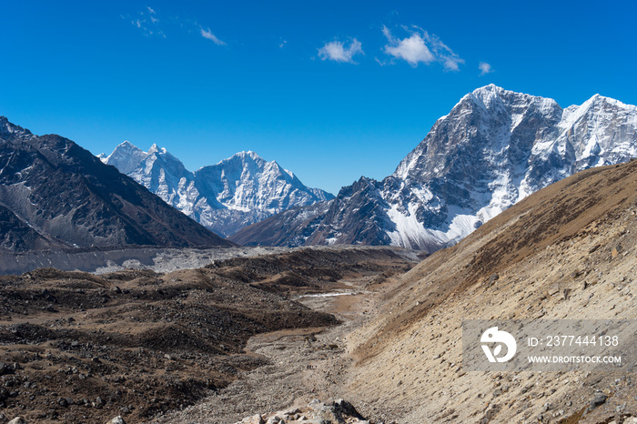 Trekking trail to Everest base camp surrounded by Himalaya mountains range in Nepal