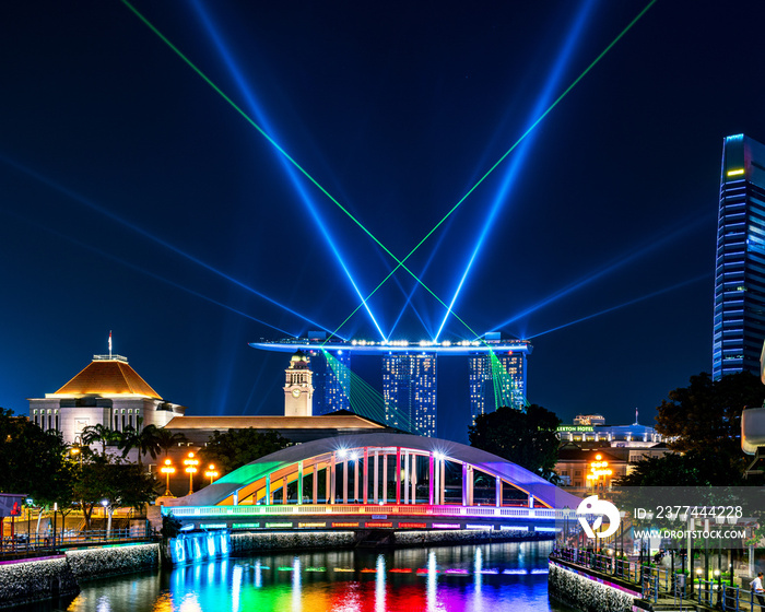 Singapore cityscape at night with laser show