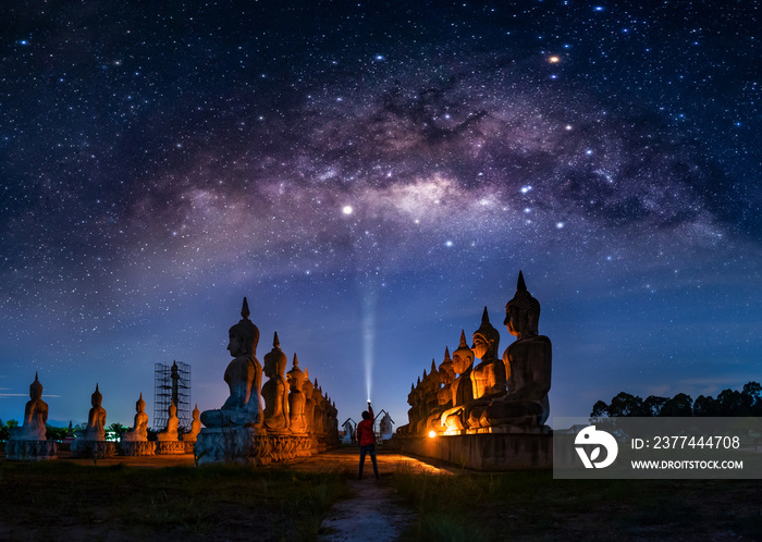 Buddha statue and milky way at night, Nakhon Si Thammarat Province, Thailand