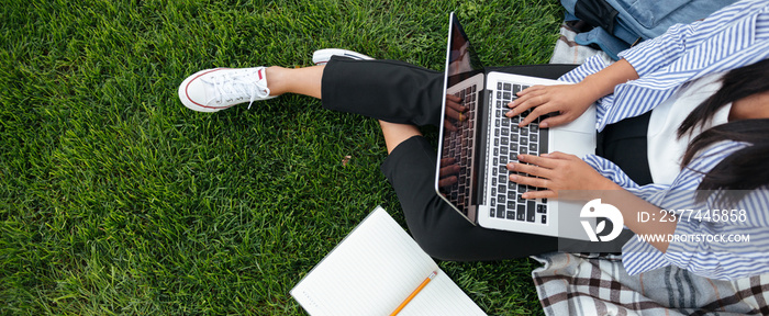 Cropped photo of student girl, using laptop, sitting on grass, o