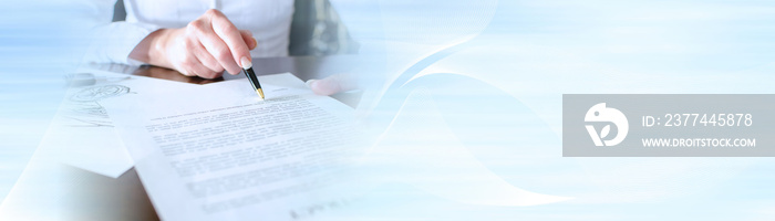 Woman reading a car purchase contract; panoramic banner