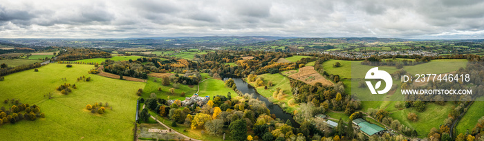 Panorama over Ugbrooke House and Gardens from a drone in the colors of fall, Exeter, Devon, England, Europe