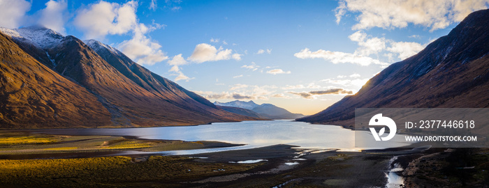 aerial panorama of glen etive and loch etive in the argyll region of the highlands of scotland during autumn and a golden sunset