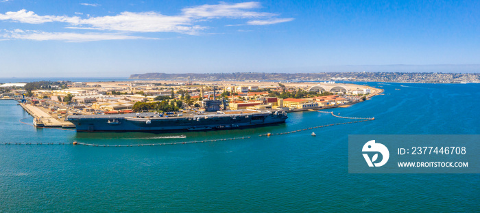 Real USA aircraft carrier docked at the San Diego military base.