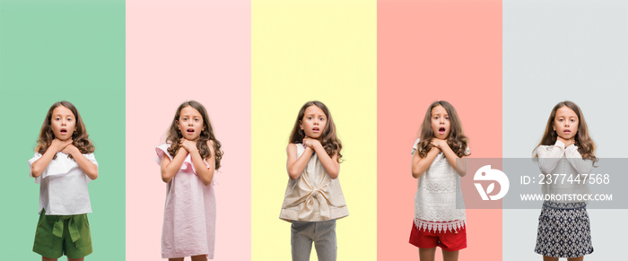 Collage of brunette hispanic girl wearing different outfits shouting and suffocate because painful strangle. Health problem. Asphyxiate and suicide concept.