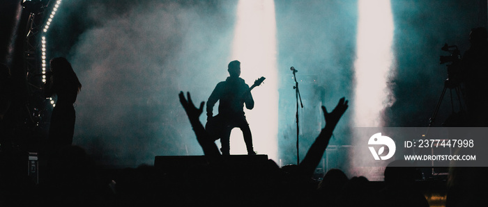 crowd at concert and silhouettes in stage lights