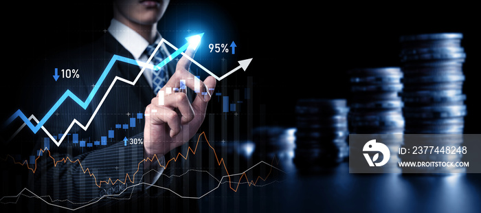 Businessman analyst working with digital finance business data graph showing technology of investment strategy for perceptive financial business decision. Digital economic analysis technology concept.