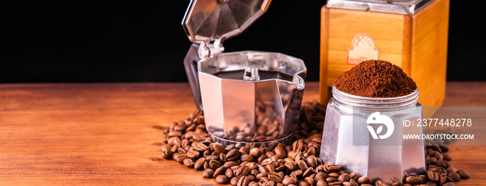 Fresh cafe for morning breakfast refresh caffeine white cup roasted organic coffee bean farm in vintage wood grinder classic metal coffee pot for black espresso and cream milk cappuccino latte