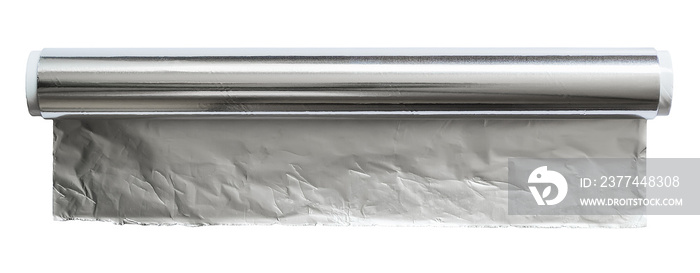 Aluminum foil for baking and roasting close-up. Roll of food foil, top view. Wrapping food foil isolated on a white background.