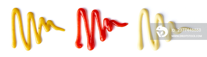 Tomato ketchup, mustard and mayonnaise splashes isolated on white, from above