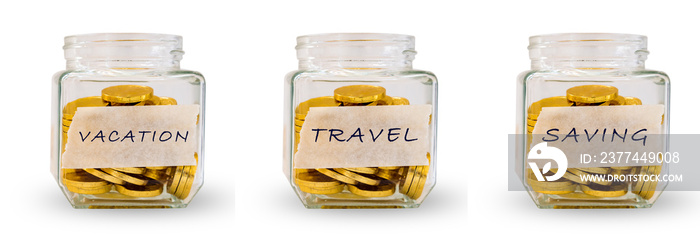 Set of Money Gold coins in glass bottle on bright with label alphabet  vacation,travel,saving  isolated on white background with clipping path ,Business financial investment and saving concept