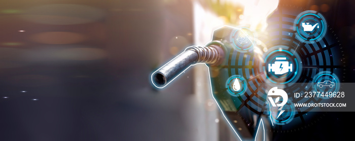 Futuristic oil fueling concept modern icon, refilling refueling car vehicle transportation station, power energy restoring, close up man using oil gasoline pump at petrol gas station resource energy