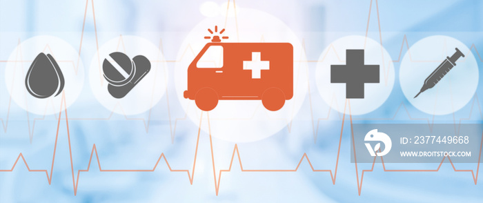 Ambulance and emergency icon on blue background