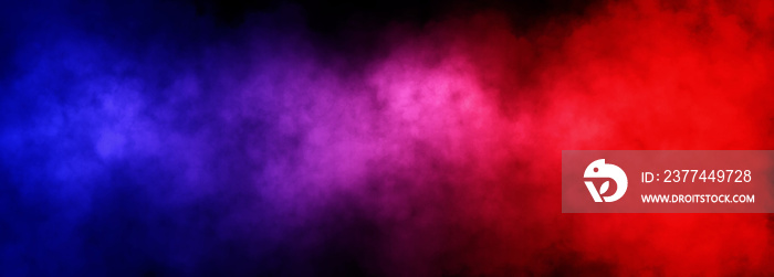 Abstract image of fog or smoke with red and blue lighting effect in black background.