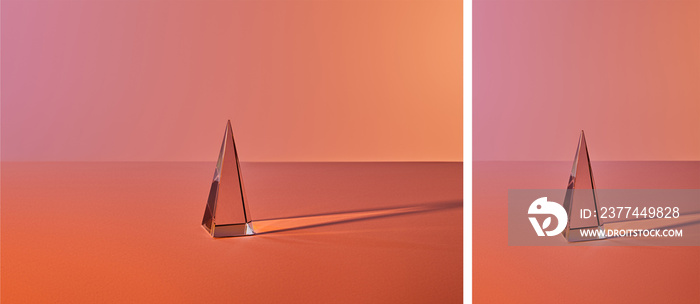 collage of crystal transparent pyramid with light reflection on orange background