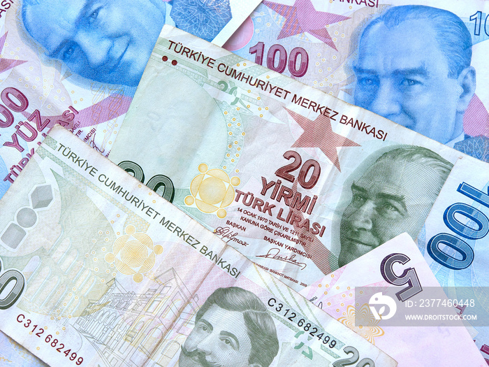 Turkish liras. Many banknotes of different denominations