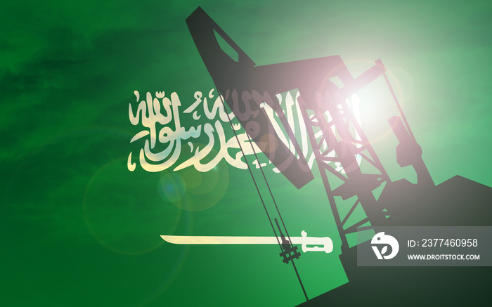 Shadow of oil pump on Saudi Arabia flag background