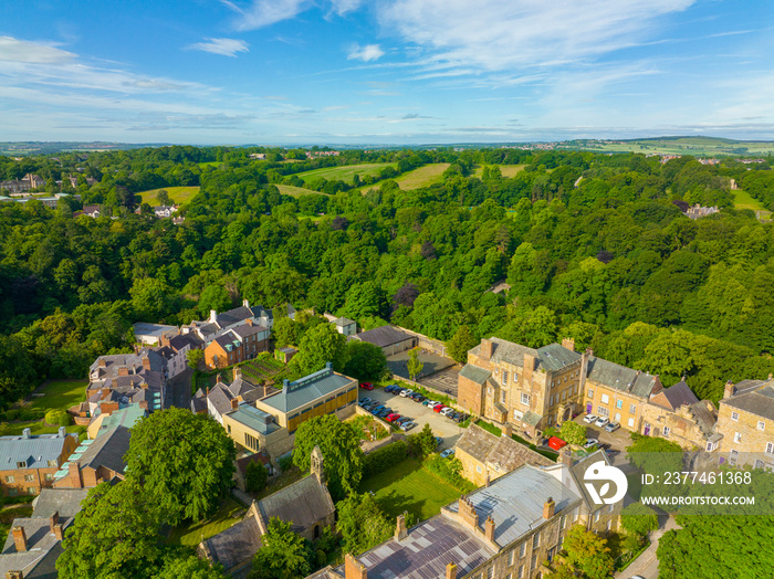 Durham University St John’s College aerial view in summer. The university with Durham Castle, Durham Cathedral are the UNESCO World Heritage Site since 1986.