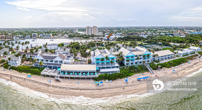 aerial drone panorama of Hillsboro Inlet, Hillsboro Beach, with city, Beach and Restaurant