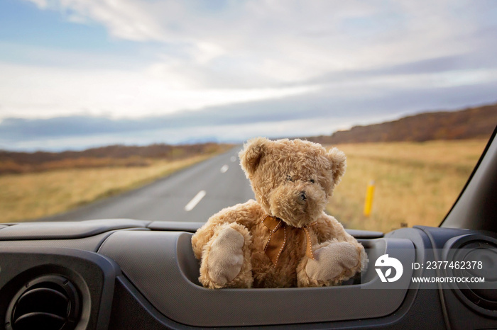 Teddy bear, sitting on the front windshield of a camper van, people traveling in Iceland, camping