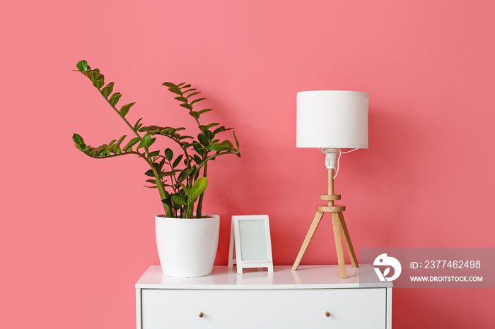 White lamp with frame and houseplant on chest of drawers near pink wall