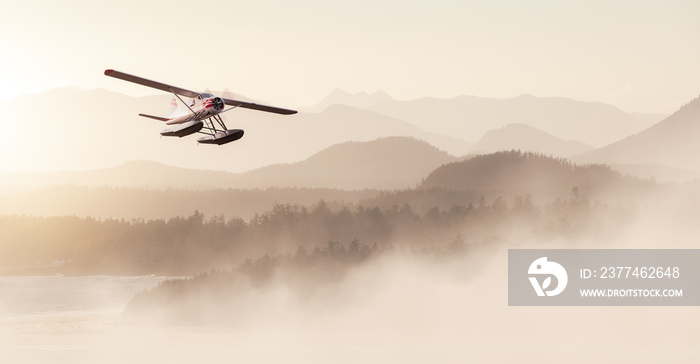 Seaplane Flying over the West Coast Pacific Ocean. Adventure Composite.