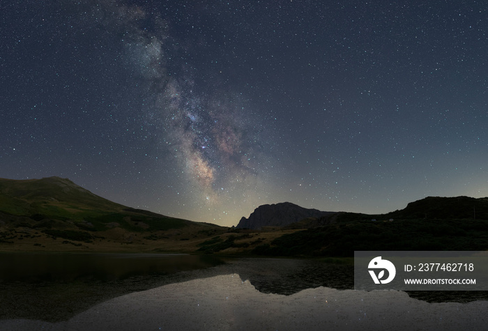 Panoramic photograph of the Milky Way over Lake Isoba, León, Spain