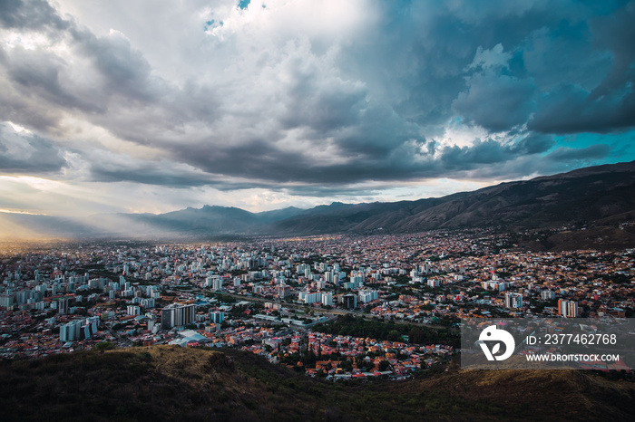 Areal view of the city of Cochabamba, Bolivia located in South America