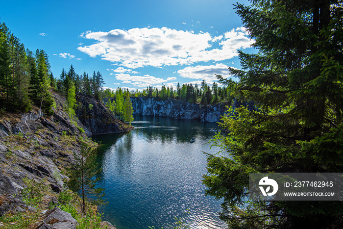 Northern nature in the wild. Pines on the shore of lake. Travel and discovery of beautiful places