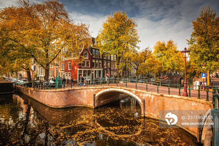 beautiful canals in Amsterdam in autum, Holland