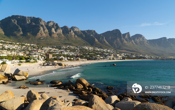 Idyllic Camps Bay beach and Table Mountain in Cape Town, South Africa