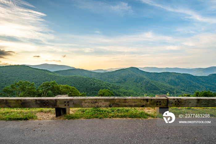 Scenic drive from Lane Pinnacle Overlook on Blue Ridge Parkway at sunrise time.