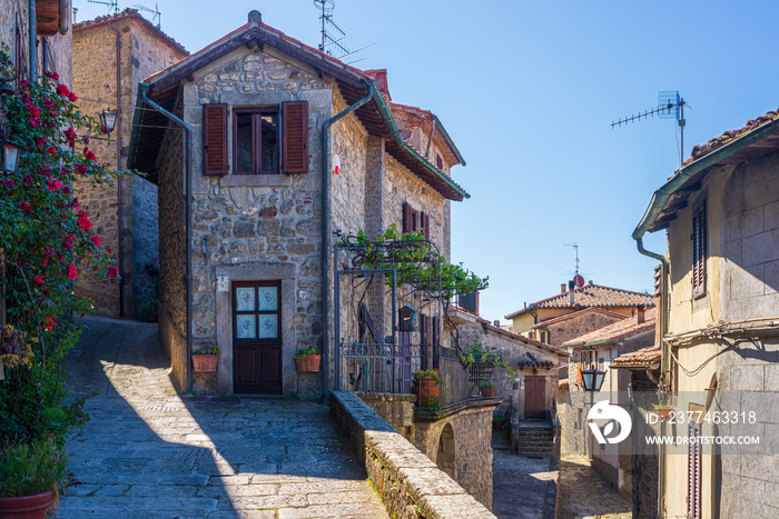 Italian medieval village details, historical stone alley, ancient marrow street, old city stone buildings architecture. Santa Fiora, Tuscany, Italy.