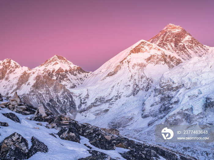 pink light in the sky above Everest in Khumbu valley in Nepal