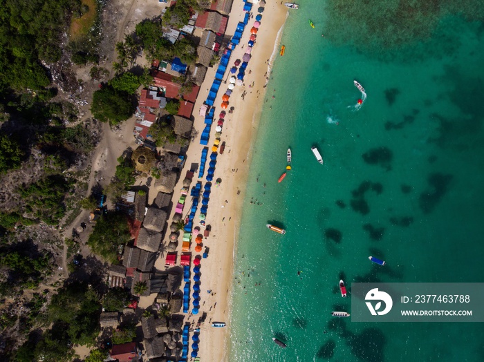 Aerial drone view of Playa Blanca Isla Baru white sand beach turquoise blue ocean water Cartagena Colombia South America