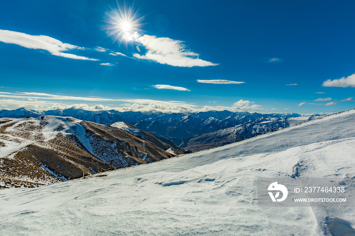 New Zealand mountain panorama and ski slopes as seen from Coronet Peak ski resort, Queenstown