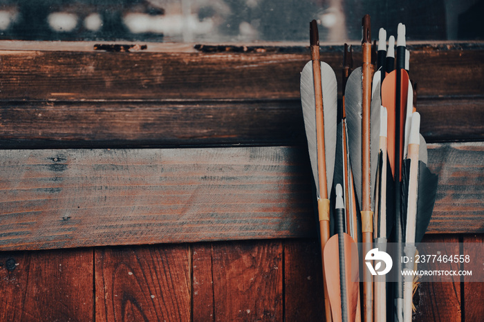 Colorful traditional archery arrows leaning vertically on colorful wooden panel. Ethnic sport background