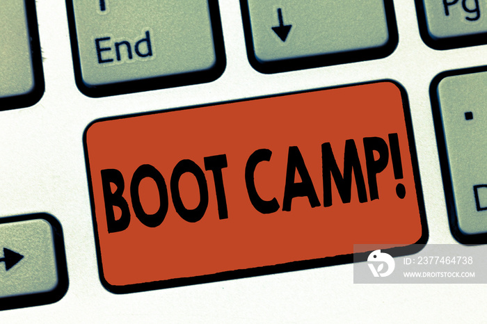 Text sign showing Boot Camp. Conceptual photo Military training camp for new recruits Harsh discipline Fitness.