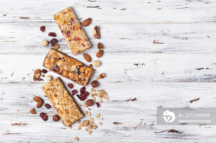 Granola bar with dried cranberries and nuts for healthy nutrition